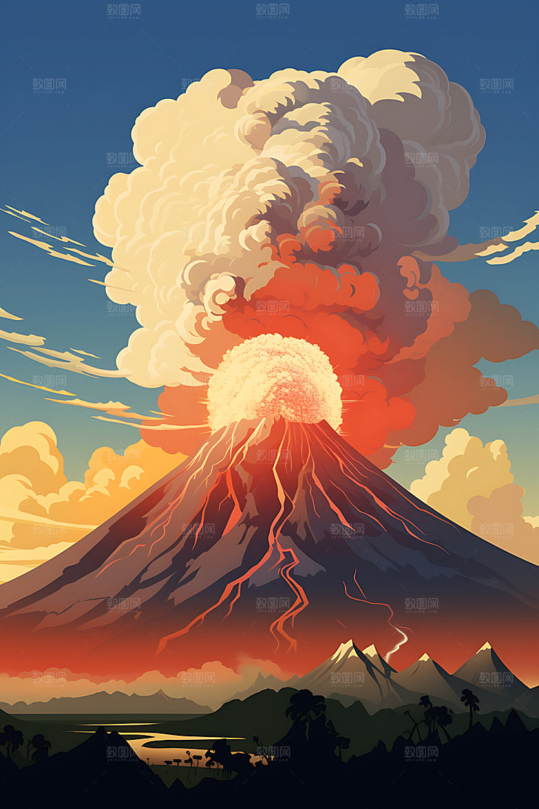 火山喷发高清爆发扁平风插画