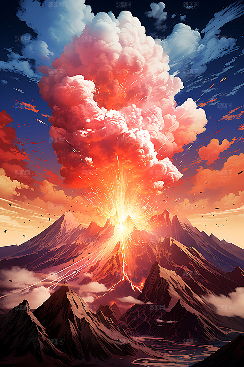 火山喷发高清地质灾害扁平风插画