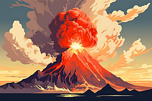 火山喷发岩浆喷射自然灾害扁平风插画