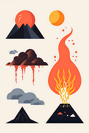 火山喷发高清岩浆喷射扁平风插画