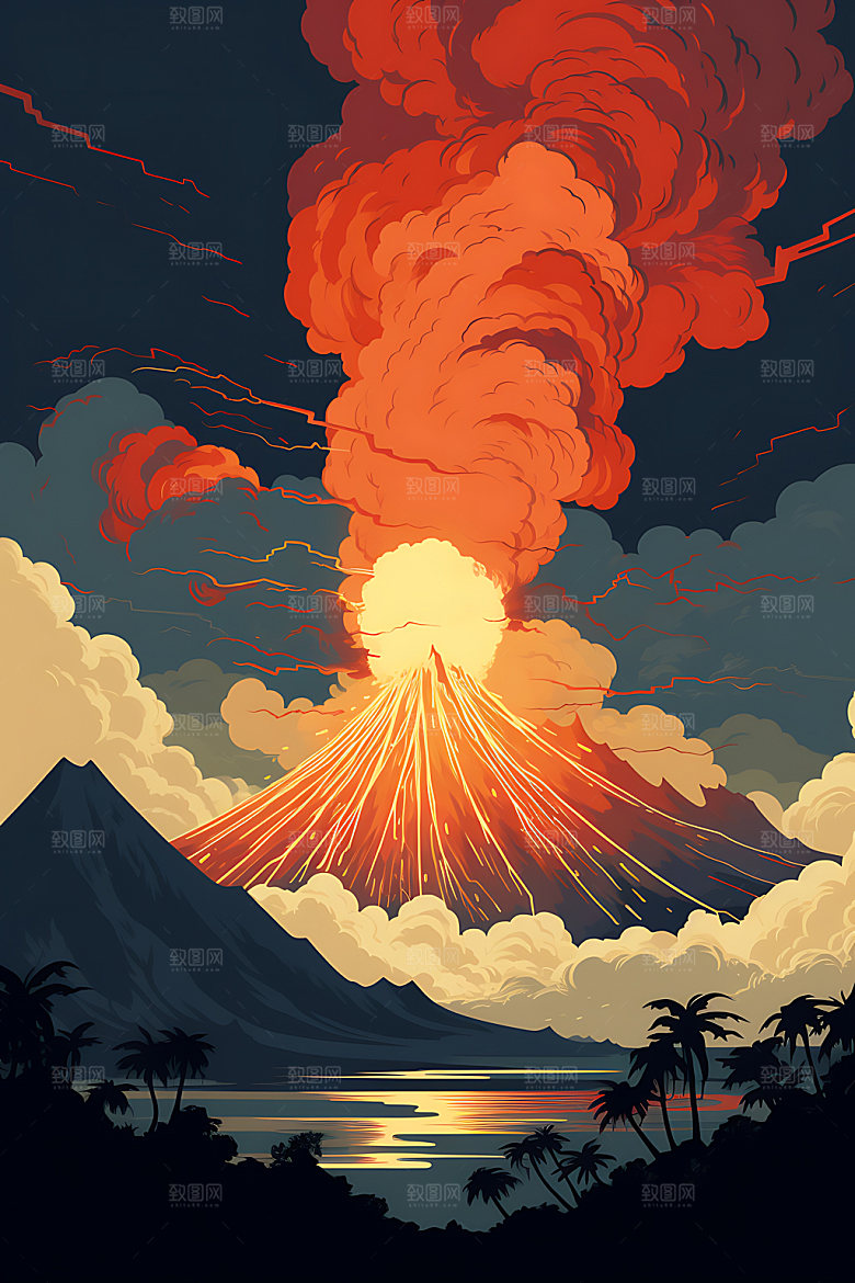 火山喷发自然灾害高清扁平风插画