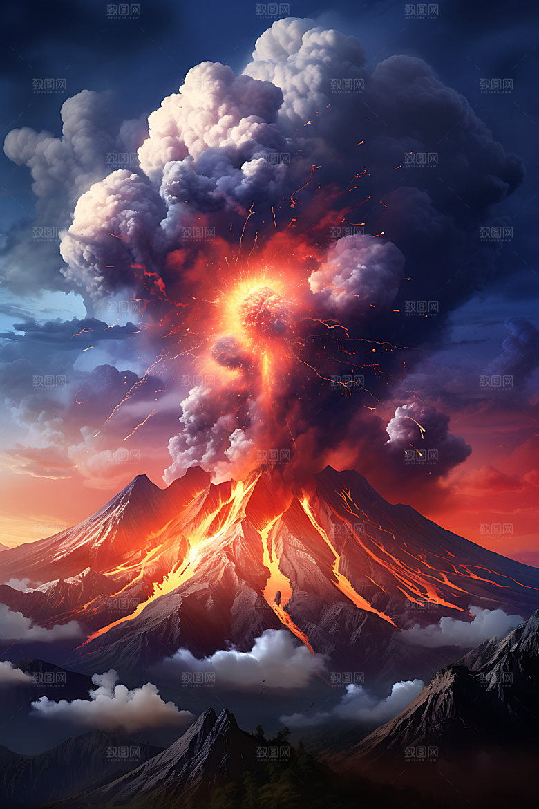 火山喷发地质灾害岩浆喷射扁平风插画