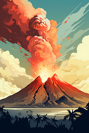 火山喷发岩浆喷射高清扁平风插画