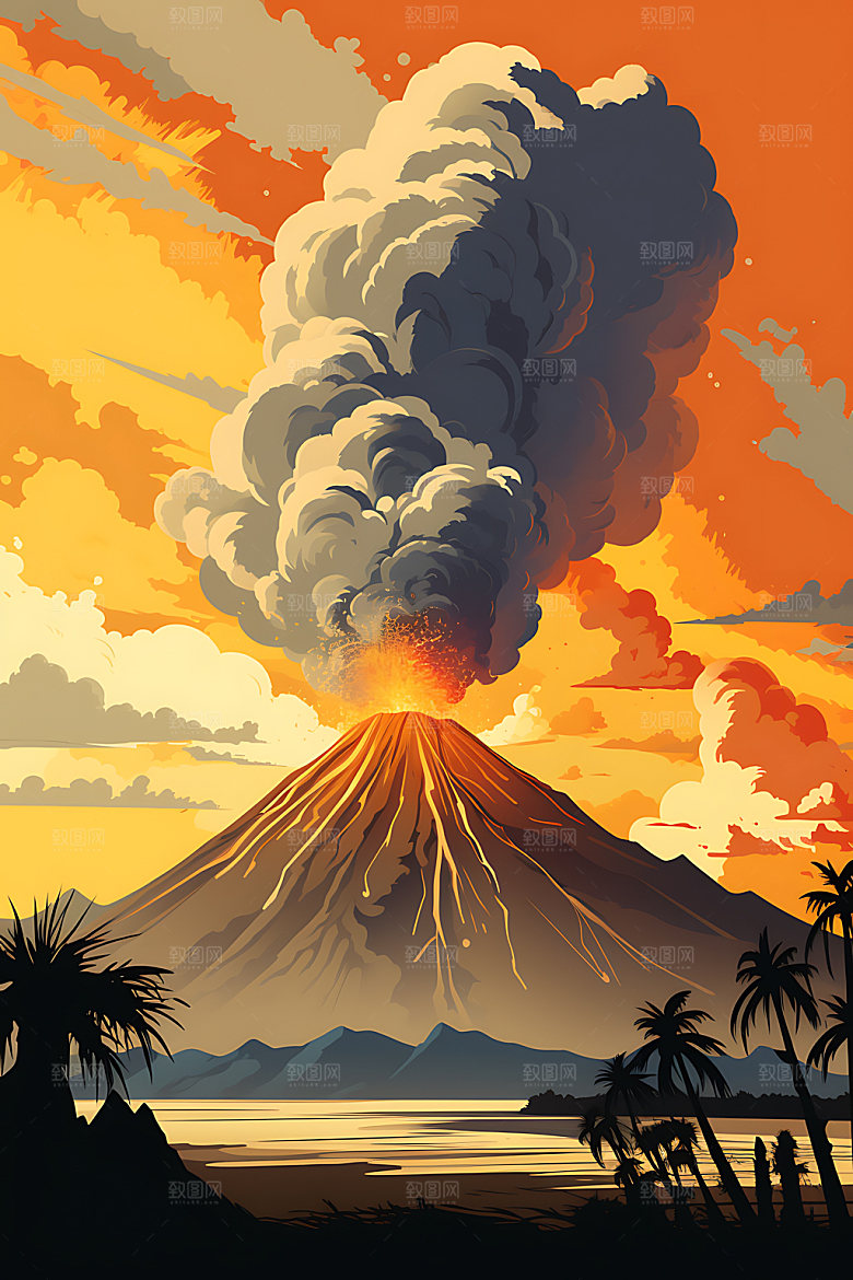 火山喷发自然灾害地质灾害扁平风插画