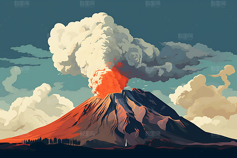 火山喷发地质灾害高清扁平风插画