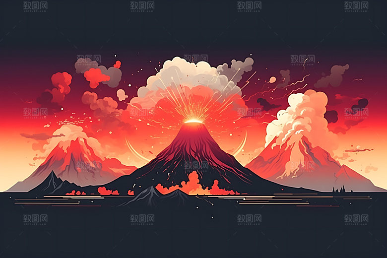 火山喷发地质灾害灾难扁平风插画