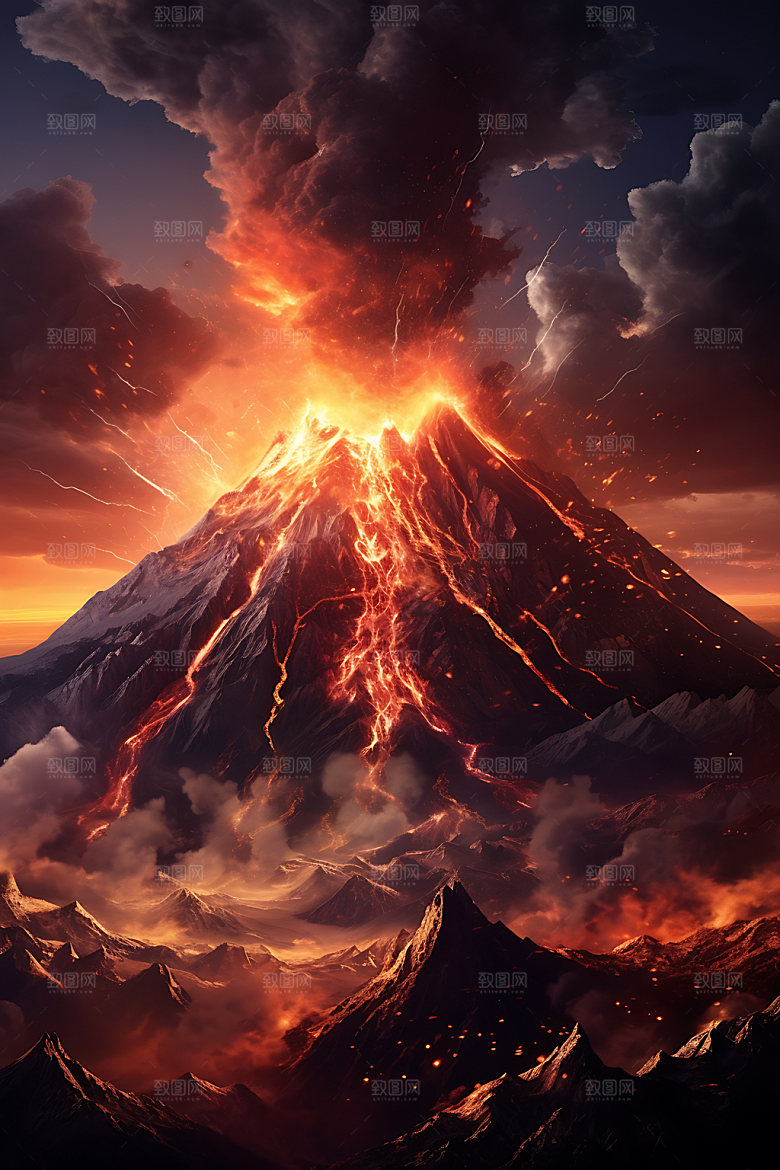 火山喷发爆发岩浆喷射扁平风插画
