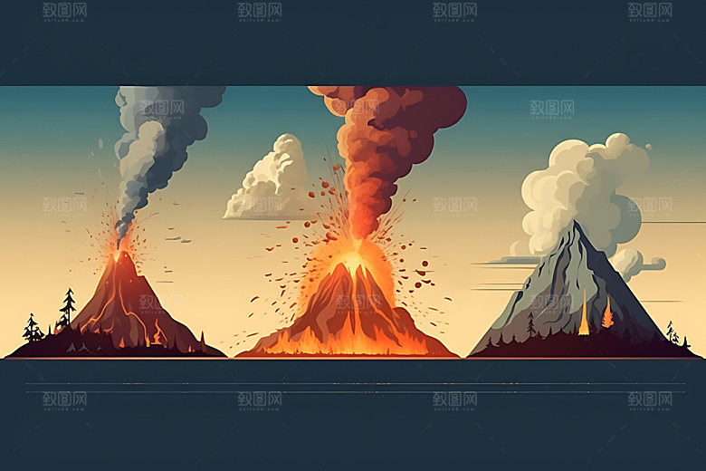 火山喷发岩浆喷射灾难扁平风插画