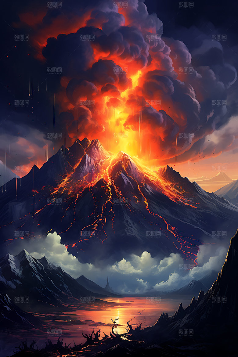 火山喷发灾难高清扁平风插画