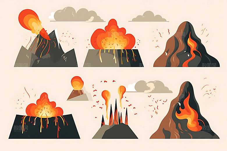 火山喷发岩浆喷射灾难扁平风插画