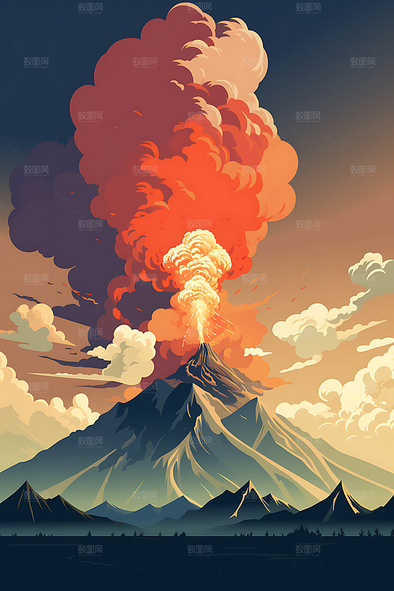 火山喷发高清灾难扁平风插画