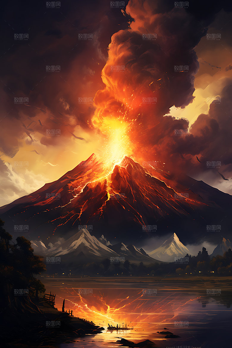 火山喷发爆发自然灾害扁平风插画