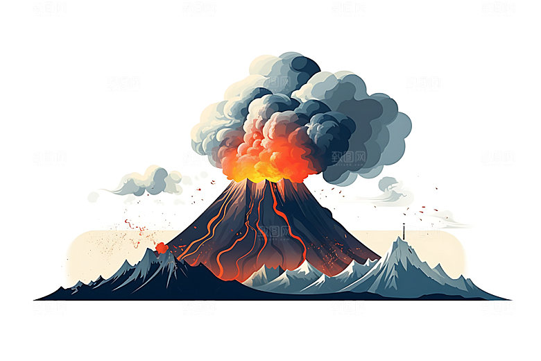 火山喷发地质灾害岩浆喷射扁平风插画