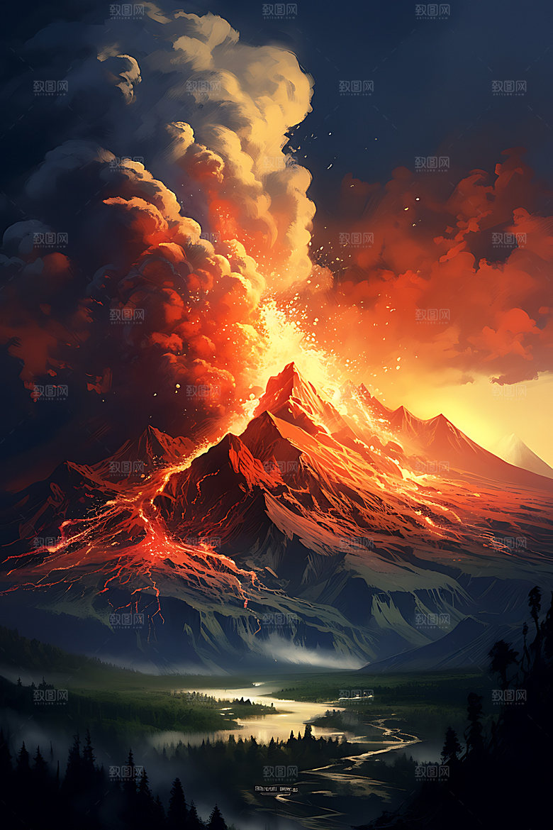 火山喷发爆发地质灾害扁平风插画