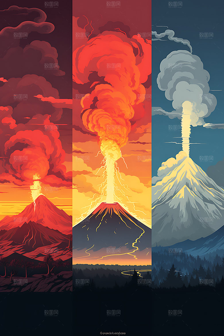 火山喷发地质灾害灾难扁平风插画