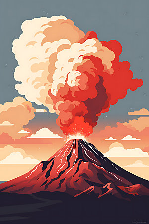 火山喷发爆发岩浆喷射扁平风插画
