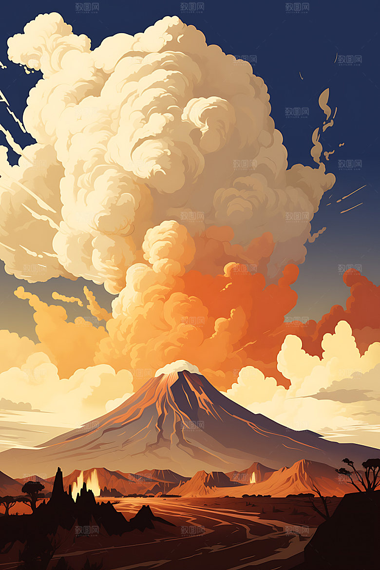 火山喷发岩浆喷射自然灾害扁平风插画