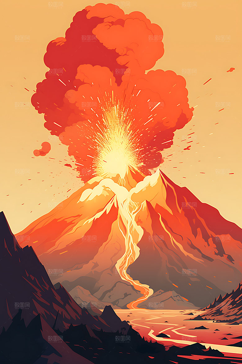 火山喷发高清爆发扁平风插画