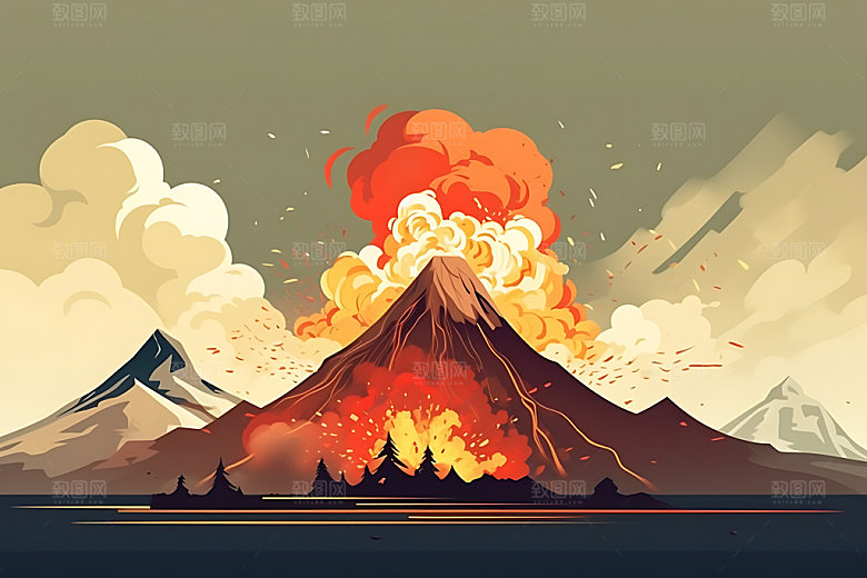 火山喷发灾难高清扁平风插画