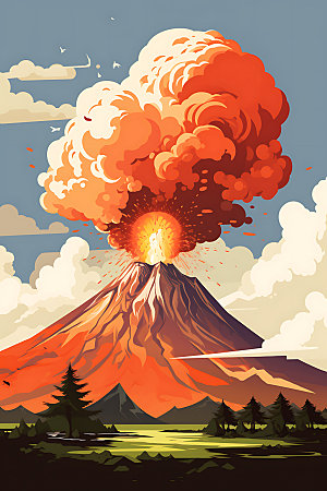 火山喷发地质灾害爆发扁平风插画