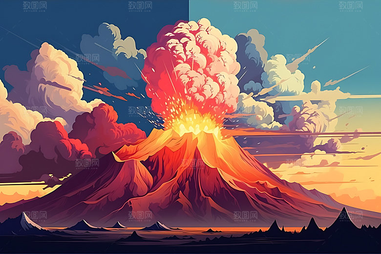 火山喷发自然灾害灾难扁平风插画