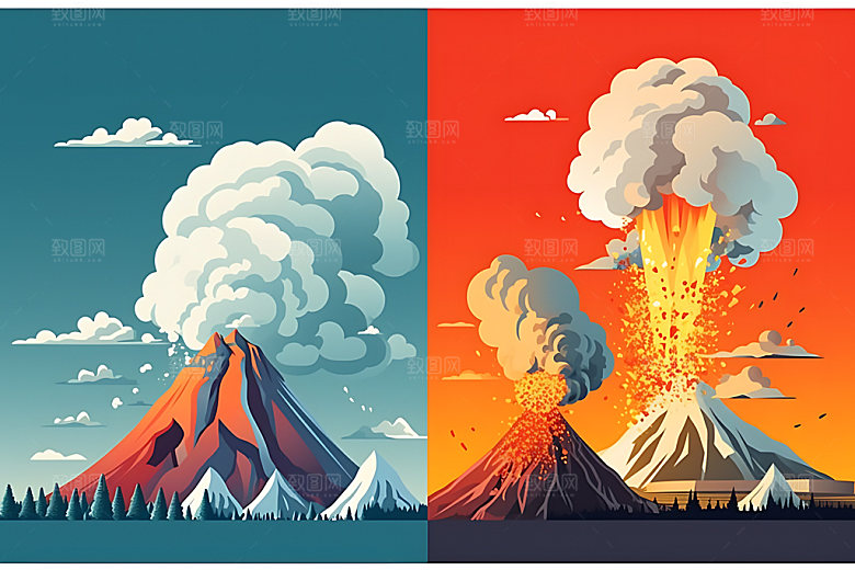 火山喷发灾难自然灾害扁平风插画