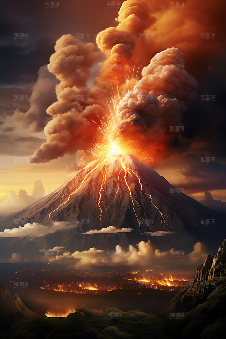 火山喷发地质灾害高清扁平风插画