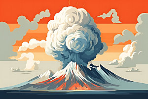 火山喷发岩浆喷射爆发扁平风插画