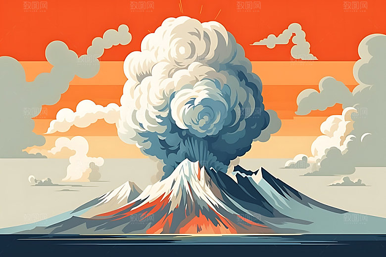 火山喷发岩浆喷射爆发扁平风插画