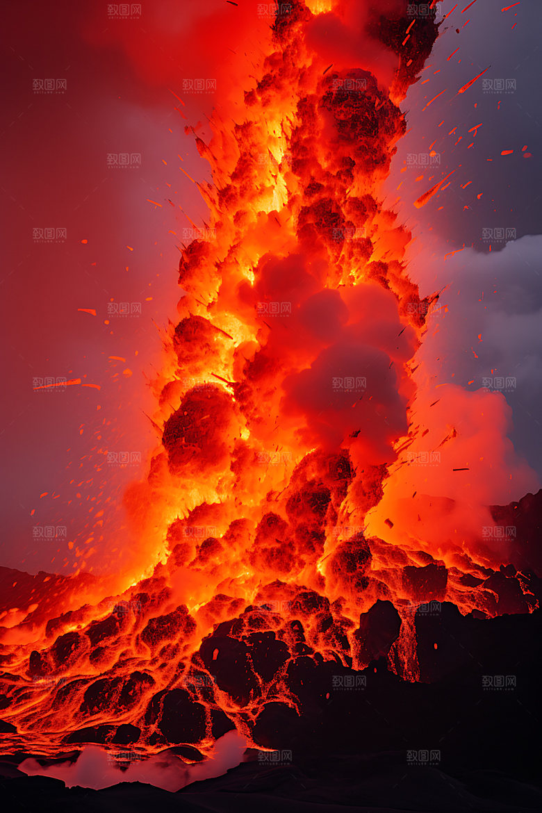 火山喷发火山云熔岩实景图
