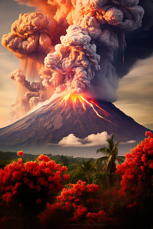 火山喷发岩浆火山云实景图