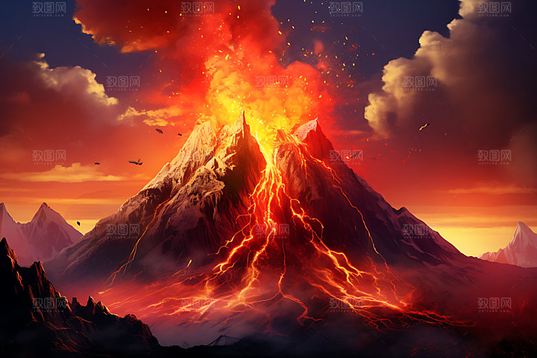 火山喷发熔岩地质活动实景图