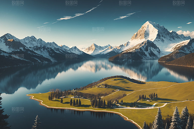 湖泊山谷高山摄影图