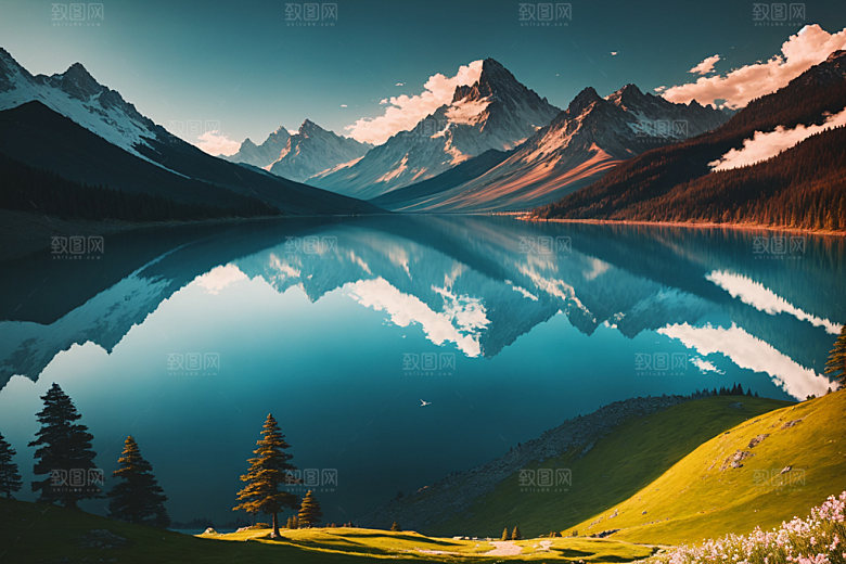 湖泊风光山谷摄影图