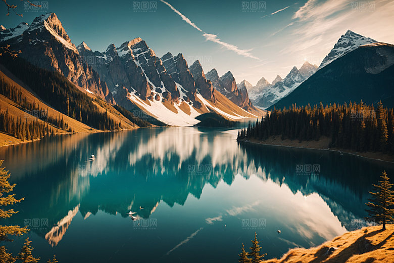 湖泊风景山谷摄影图