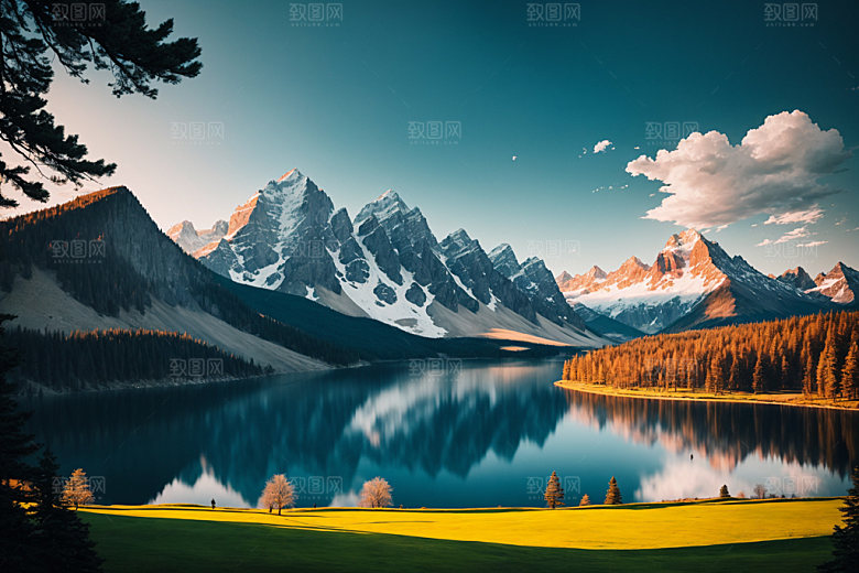 湖泊自然山谷摄影图