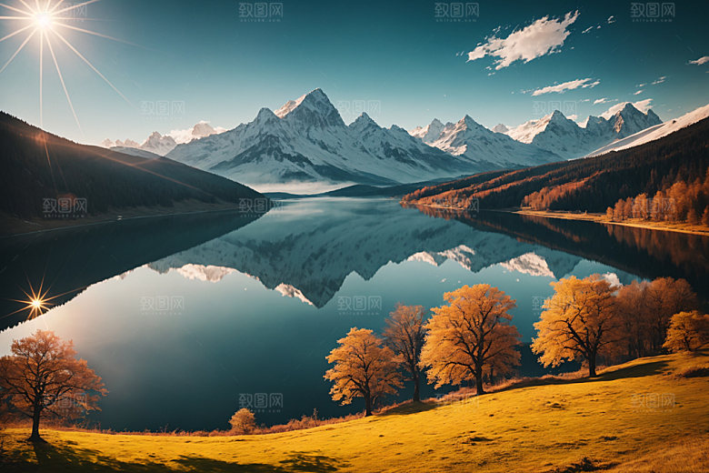 湖泊山谷风景摄影图