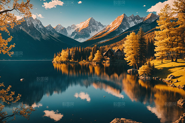 湖泊森林山谷摄影图
