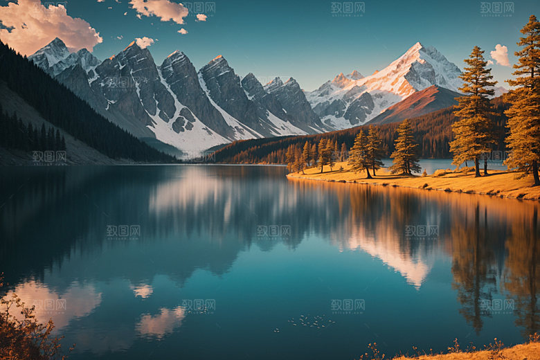 湖泊森林山谷摄影图