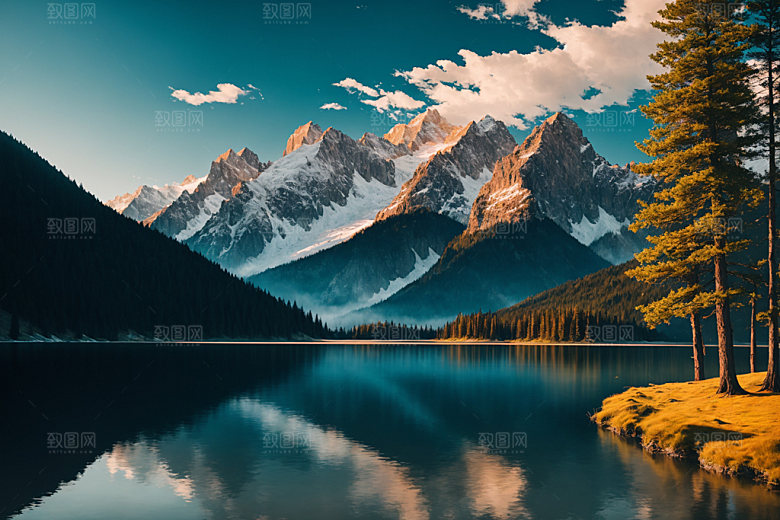 湖泊河谷高山摄影图