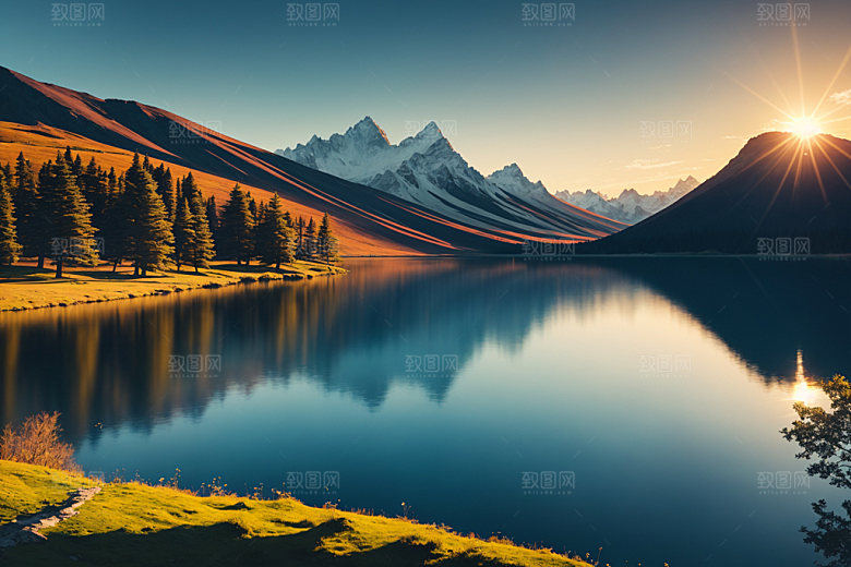湖泊风景山谷摄影图