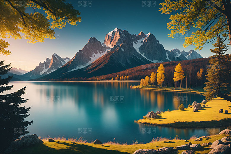 湖泊风景山谷摄影图