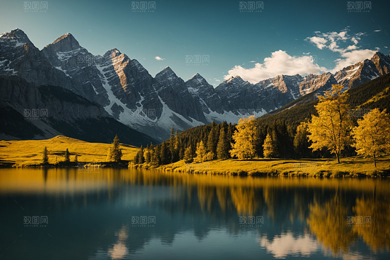 湖泊风景山谷摄影图