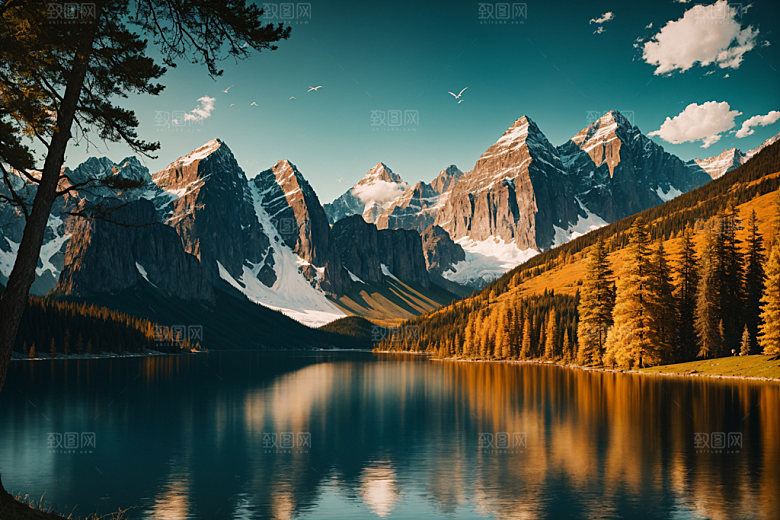 湖泊风景森林摄影图