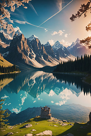 湖泊自然森林摄影图