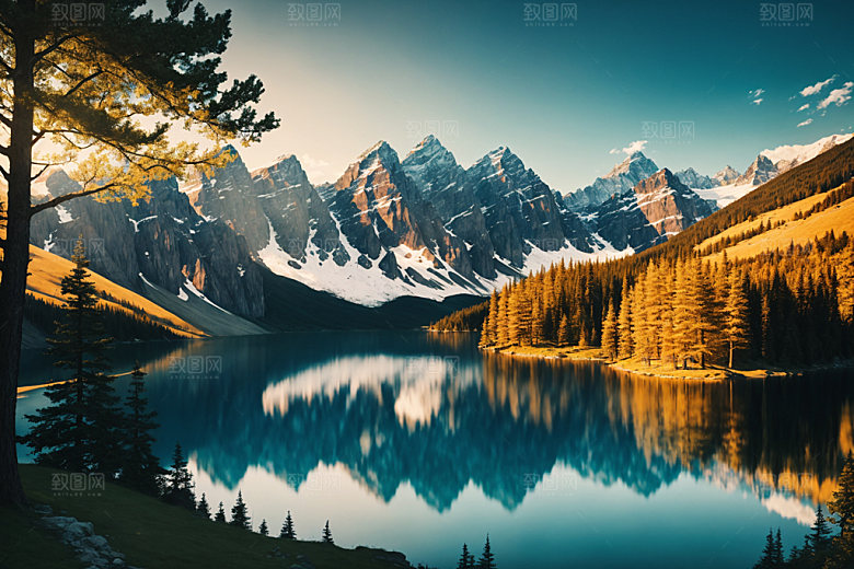 湖泊高山河谷摄影图