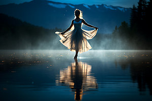 湖上芭蕾逆光唯美摄影图