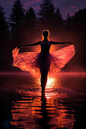 湖上芭蕾优雅逆光摄影图