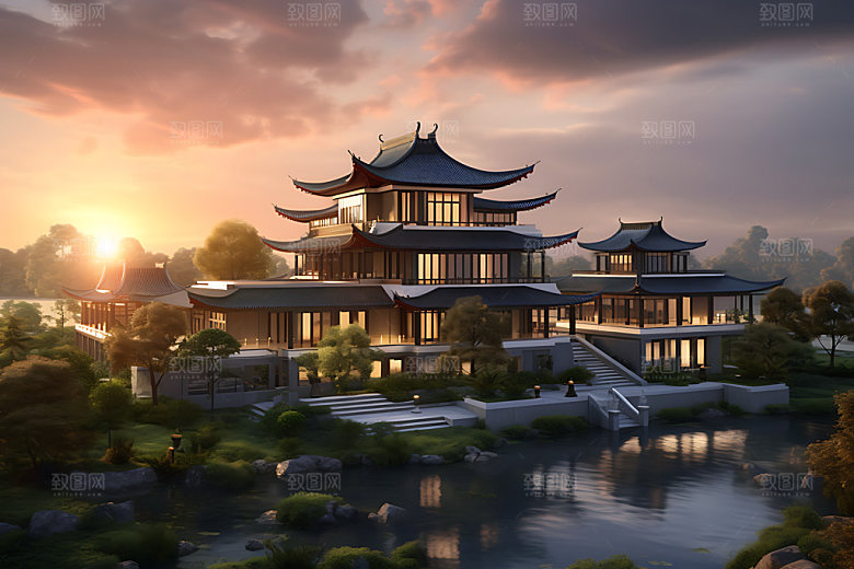 中国风酒店建筑江南效果图