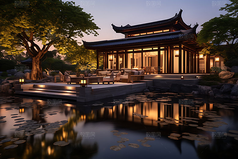 中国风酒店渲染山水效果图